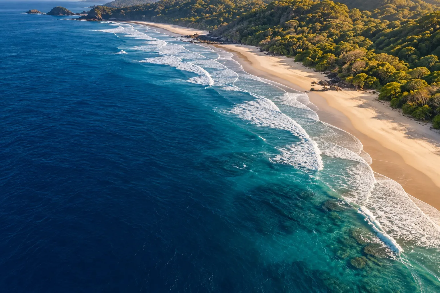 Vista ilustrativa de una costa del Pacífico con olas, arena y bosque tropical